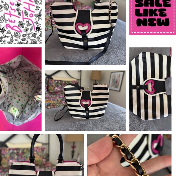 Betsey Johnson Loop Di Loo Tote Bag, Purse - Black/White Stripe Like New No Tag - Picture 7 of 8